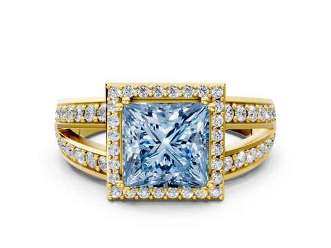 Yellow gold Fancy Blue Princess Cut Diamond Halo Ring with Split Shank Pavé Band and Four-Prong Setting