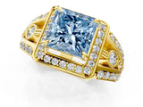 Yellow gold Fancy Blue Princess Cut Diamond Halo Ring with Split Shank and Bezel Accents and Four-Prong Setting_1