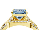 Yellow gold Fancy Blue Princess Cut Diamond Halo Ring with Split Shank and Bezel Accents and Four-Prong Setting_4