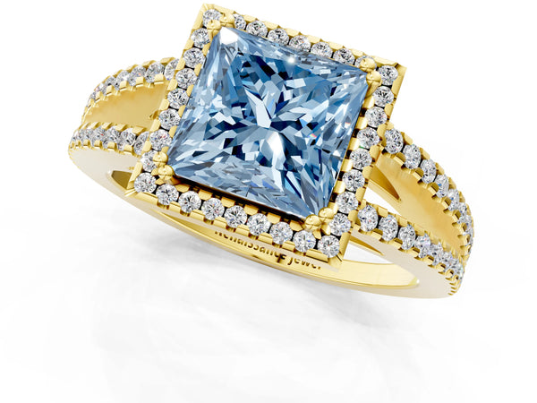 Yellow gold Fancy Blue Princess Cut Diamond Halo Split Shank Engagement Ring