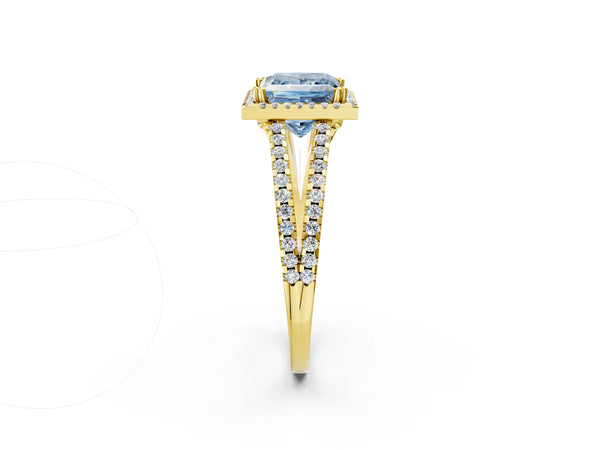 Yellow gold Fancy Blue Princess Cut Diamond Halo Split Shank Engagement Ring