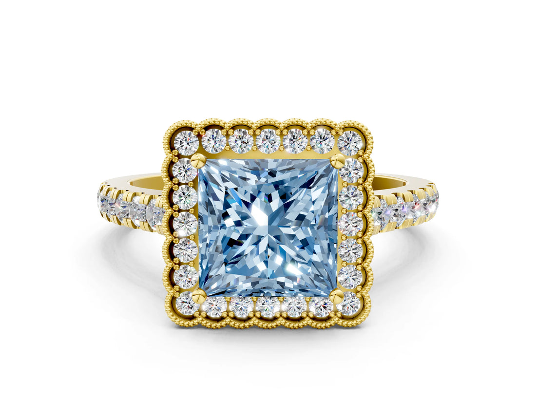 Yellow gold Fancy Blue Princess  Cut Diamond Milgrain Floral Halo Engagement Ring with Pavé Band_15