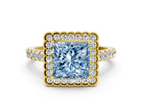 Yellow gold Fancy Blue Princess  Cut Diamond Milgrain Floral Halo Engagement Ring with Pavé Band_15