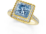 Yellow gold Fancy Blue Princess  Cut Diamond Milgrain Floral Halo Engagement Ring with Pavé Band_16