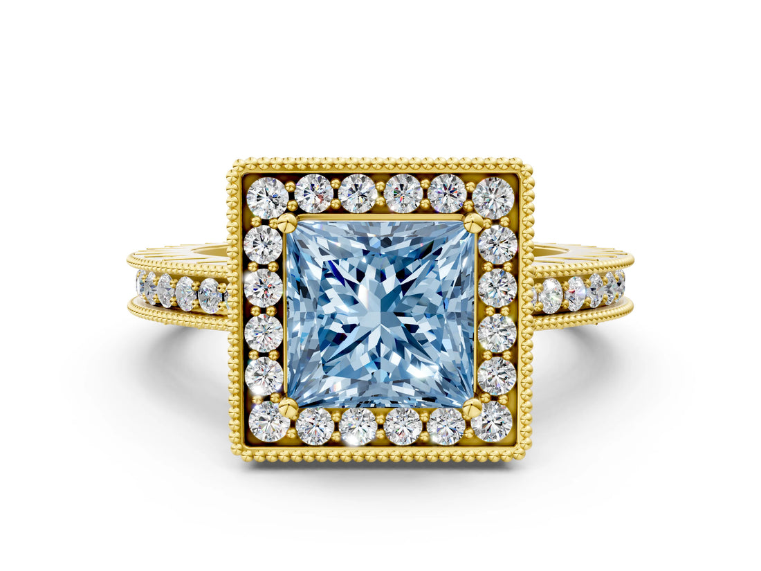 Yellow gold Fancy Blue Princess Cut Diamond Milgrain Halo Engagement Ring with Round Pavé Band and Prong Setting_12