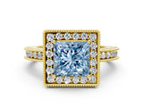 Yellow gold Fancy Blue Princess Cut Diamond Milgrain Halo Engagement Ring with Round Pavé Band and Prong Setting_12