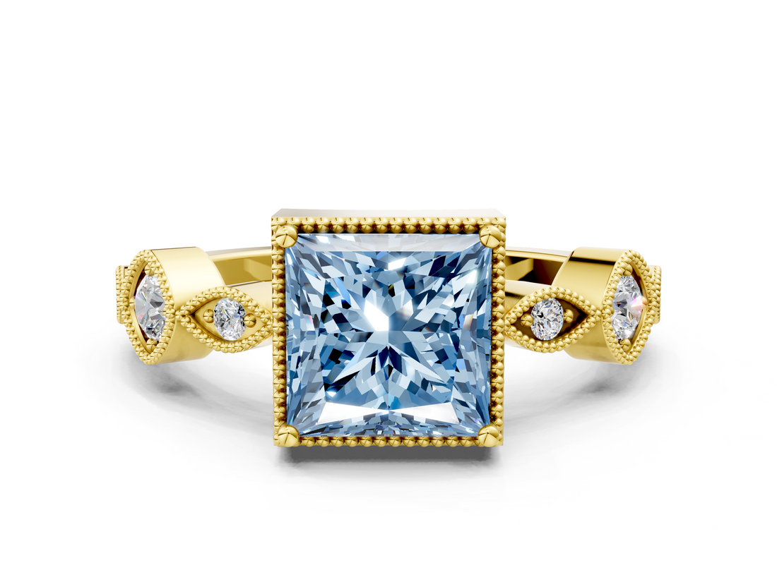 Yellow gold Fancy Blue Princess  Cut Diamond Milgrain Marquise Band with Prong Setting_3