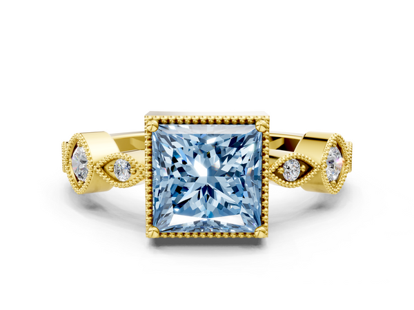 Yellow gold Fancy Blue Princess  Cut Diamond Milgrain Marquise Band with Prong Setting