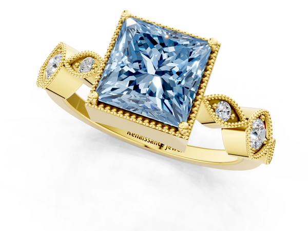 Yellow gold Fancy Blue Princess  Cut Diamond Milgrain Marquise Band with Prong Setting