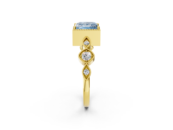 Yellow gold Fancy Blue Princess  Cut Diamond Milgrain Marquise Band with Prong Setting