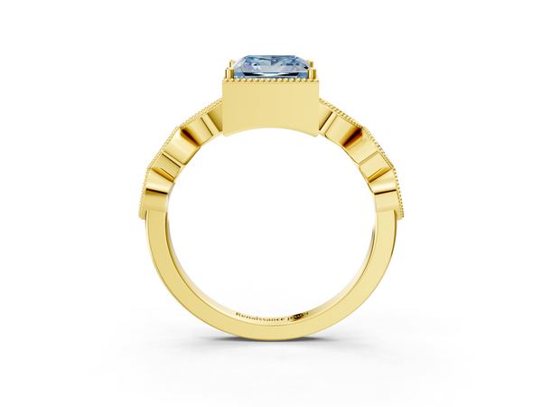 Yellow gold Fancy Blue Princess  Cut Diamond Milgrain Marquise Band with Prong Setting