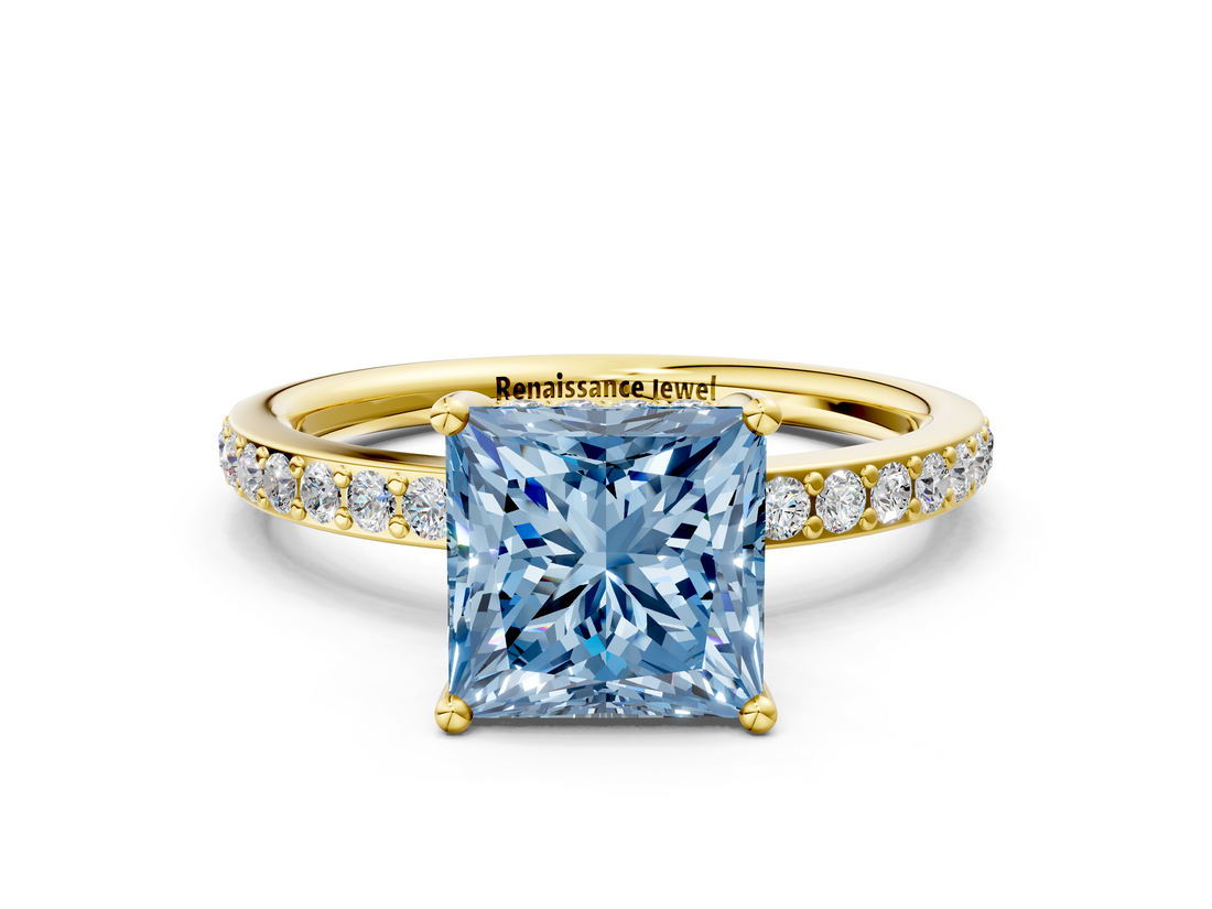 Yellow gold Fancy Blue Princess  Cut Diamond Pavé Band Ring with Four-Prong Setting_23