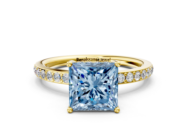 Yellow gold Fancy Blue Princess  Cut Diamond Pavé Band Ring with Four-Prong Setting