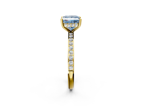 Yellow gold Fancy Blue Princess  Cut Diamond Pavé Band Ring with Four-Prong Setting