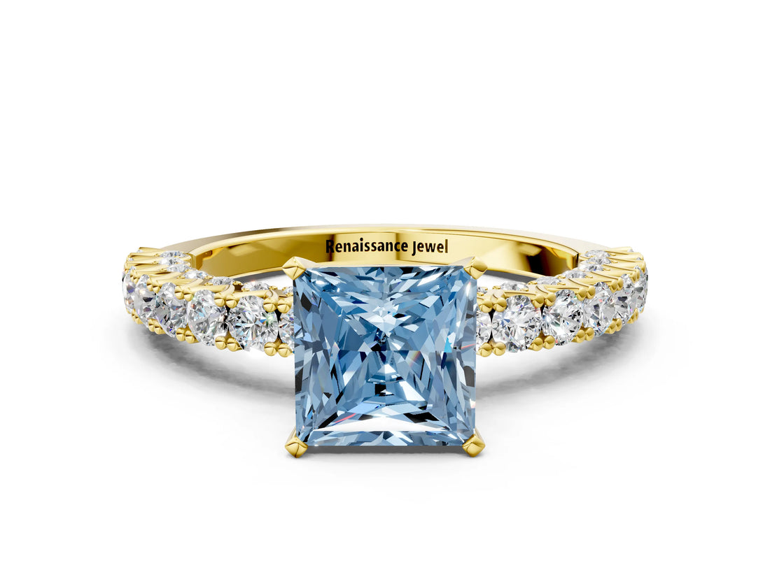 Yellow gold Fancy Blue Princess Cut Diamond Pavé Band Solitaire Ring with Prong Setting_80