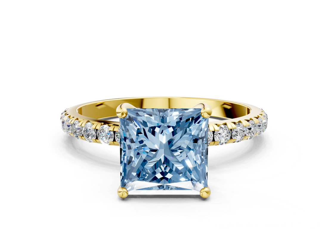 Yellow gold Fancy Blue Princess  Cut Diamond Pavé Band Solitaire with Four-Prong Setting_3
