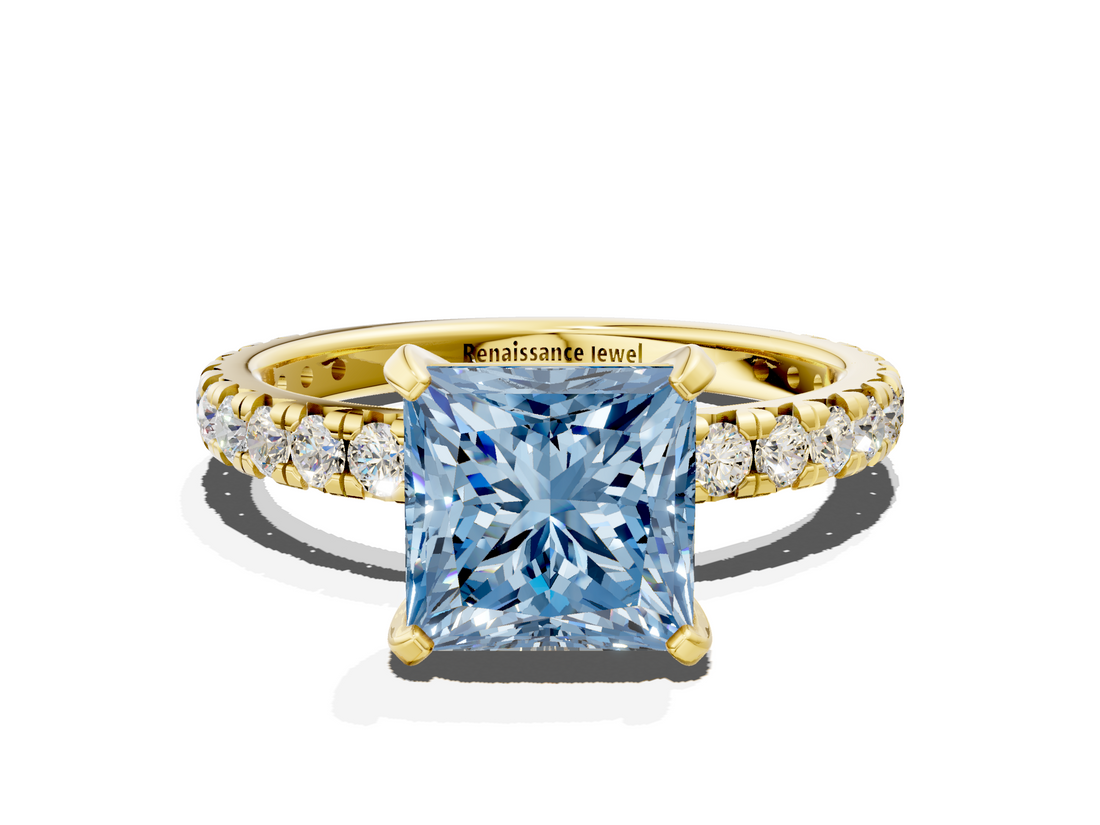 Yellow gold Fancy Blue Princess  Cut Diamond Pavé Band with Four-Prong Setting_51
