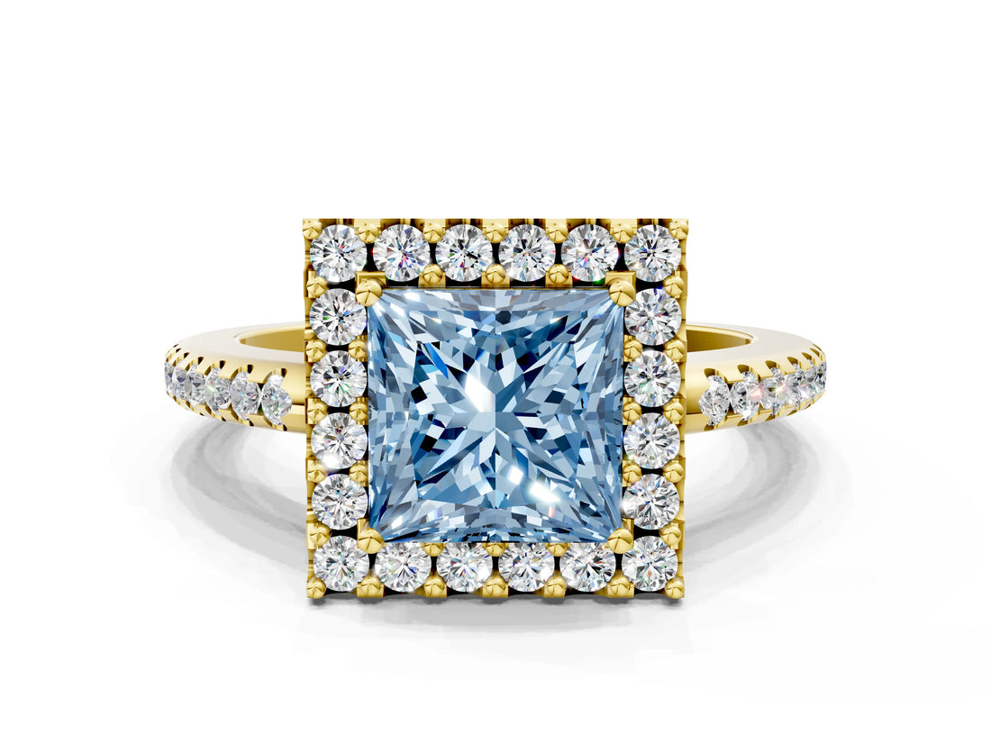 Yellow gold Fancy Blue Princess Cut Diamond Pavé Halo Ring with Four-Prong Setting_36