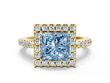 Yellow gold Fancy Blue Princess Cut Diamond Pavé Halo Ring with Four-Prong Setting_36