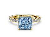 Yellow gold Fancy Blue Princess Cut Diamond Pavé Solitaire Ring with Round Band and Prong Setting_12