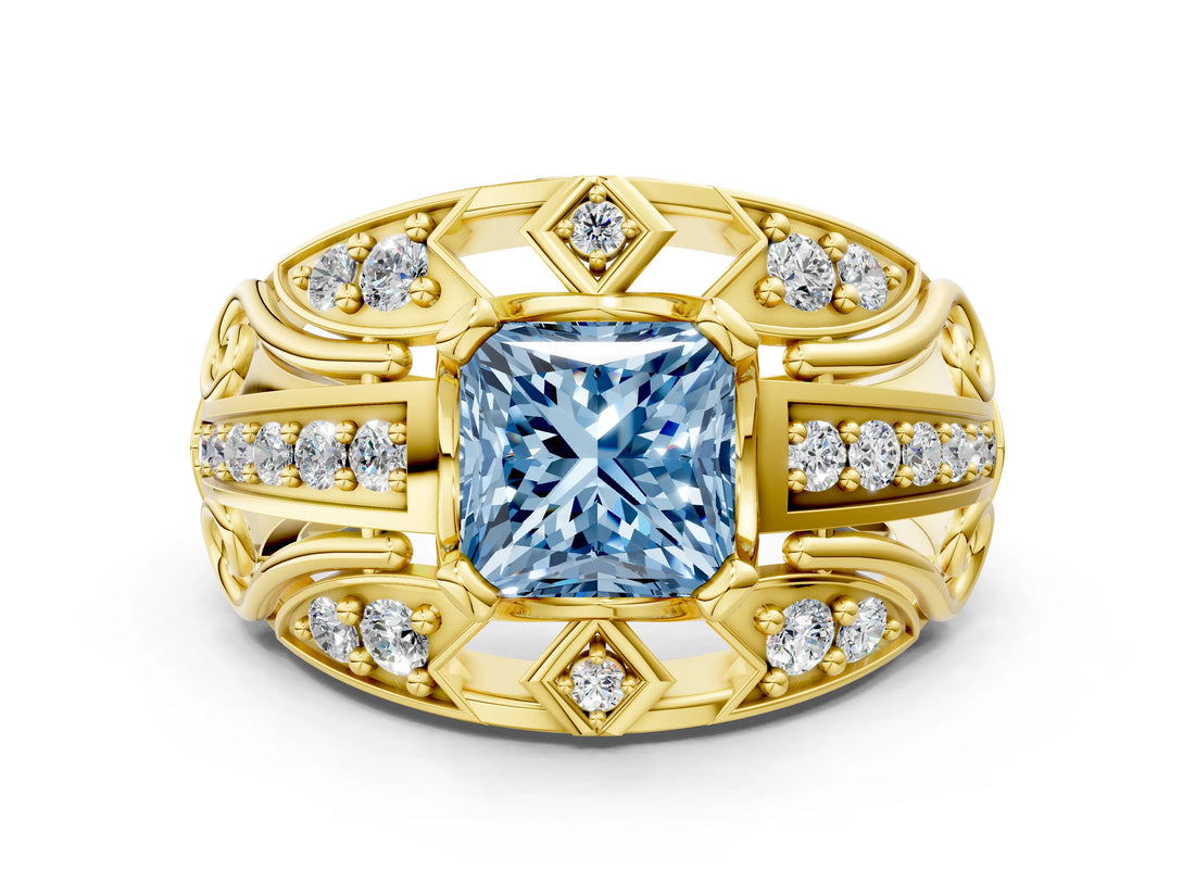 Yellow gold Fancy Blue Princess Cut Diamond Pave Art Deco Split Shank Ring with Four-Prong Setting