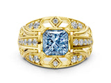 Yellow gold Fancy Blue Princess Cut Diamond Pave Art Deco Split Shank Ring with Four-Prong Setting