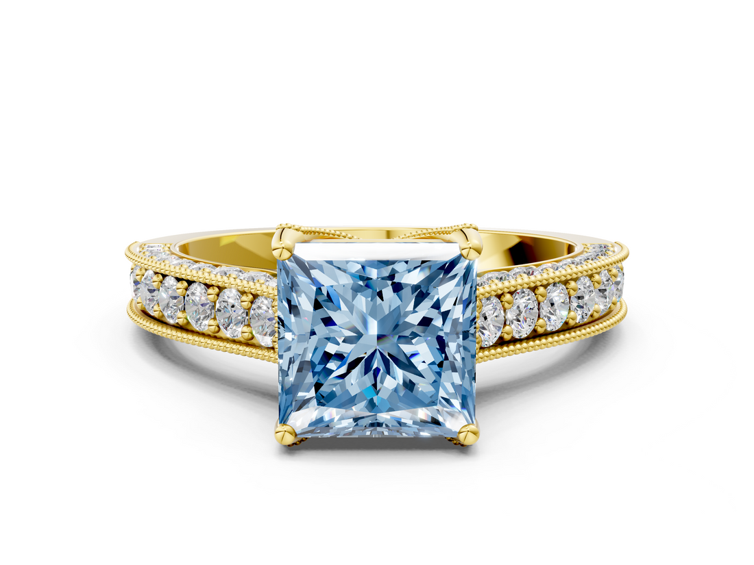 Yellow gold Fancy Blue Princess  Cut Diamond Pave Band with Four-Prong Setting_37