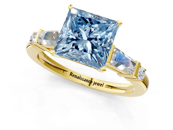 Yellow gold Fancy Blue Princess  Cut Diamond Ring with Baguette Side Stones, Channel Set Band, and Four-Prong Setting