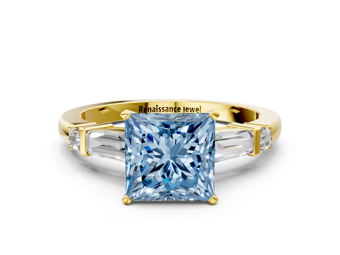 Yellow gold Fancy Blue Princess  Cut Diamond Ring with Baguette Side Stones, Channel Set Band, and Four-Prong Setting_3