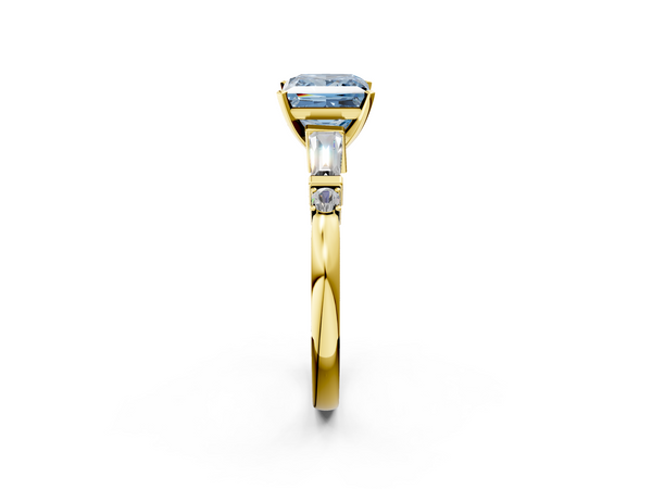 Yellow gold Fancy Blue Princess  Cut Diamond Ring with Baguette Side Stones, Channel Set Band, and Four-Prong Setting