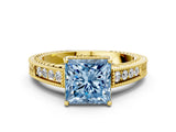 Yellow gold Fancy Blue Princess Cut Diamond Ring with Milgrain Pavé Band and Four-Prong Setting_25