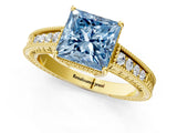 Yellow gold Fancy Blue Princess Cut Diamond Ring with Milgrain Pavé Band and Four-Prong Setting_26