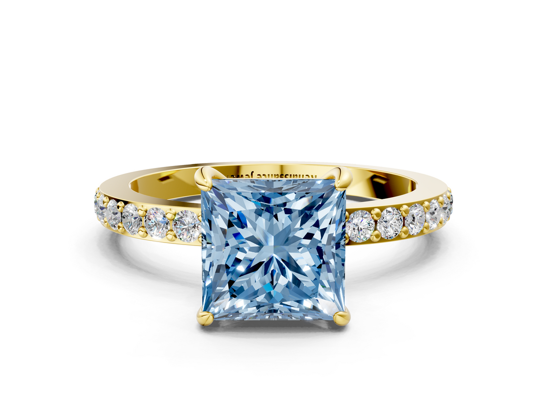 Yellow gold Fancy Blue Princess  Cut Diamond Ring with Pavé Band and Four-Prong Setting_65