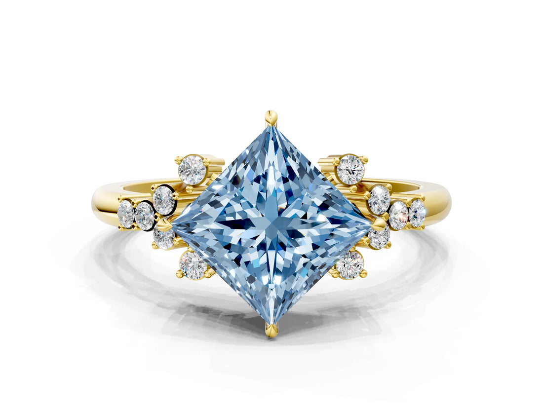 Yellow gold Fancy Blue Princess Cut Diamond Ring with Side Stones and Four-Prong Setting_109