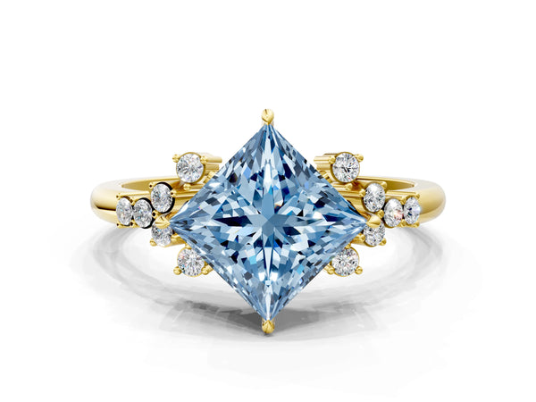Yellow gold Fancy Blue Princess Cut Diamond Ring with Side Stones and Four-Prong Setting