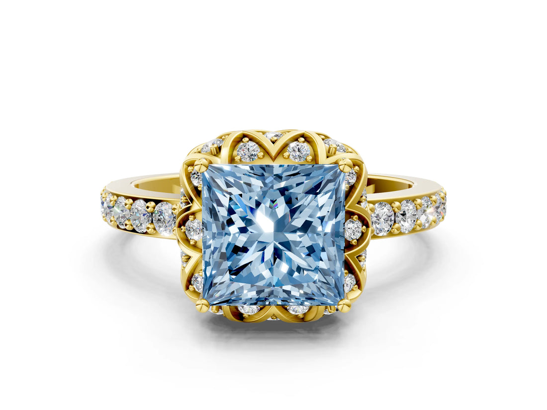 Yellow gold Fancy Blue Princess Cut Diamond Scalloped Halo Engagement Ring with Round Shared Prong Band_12