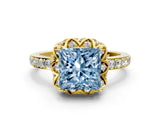Yellow gold Fancy Blue Princess Cut Diamond Scalloped Halo Engagement Ring with Round Shared Prong Band_12
