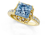 Yellow gold Fancy Blue Princess Cut Diamond Scalloped Halo Engagement Ring with Round Shared Prong Band_13