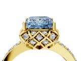Yellow gold Fancy Blue Princess Cut Diamond Scalloped Halo Engagement Ring with Round Shared Prong Band_16