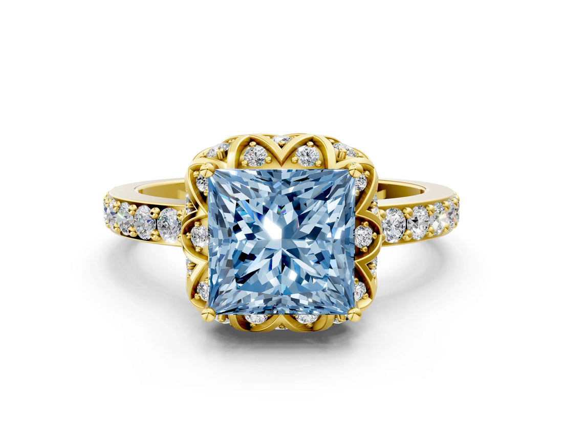 Yellow gold Fancy Blue Princess Cut Diamond Scalloped Halo Engagement Ring with Round Shared Prong Band_24