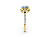 Yellow gold Fancy Blue Princess Cut Diamond Scalloped Halo Engagement Ring with Round Shared Prong Band_26