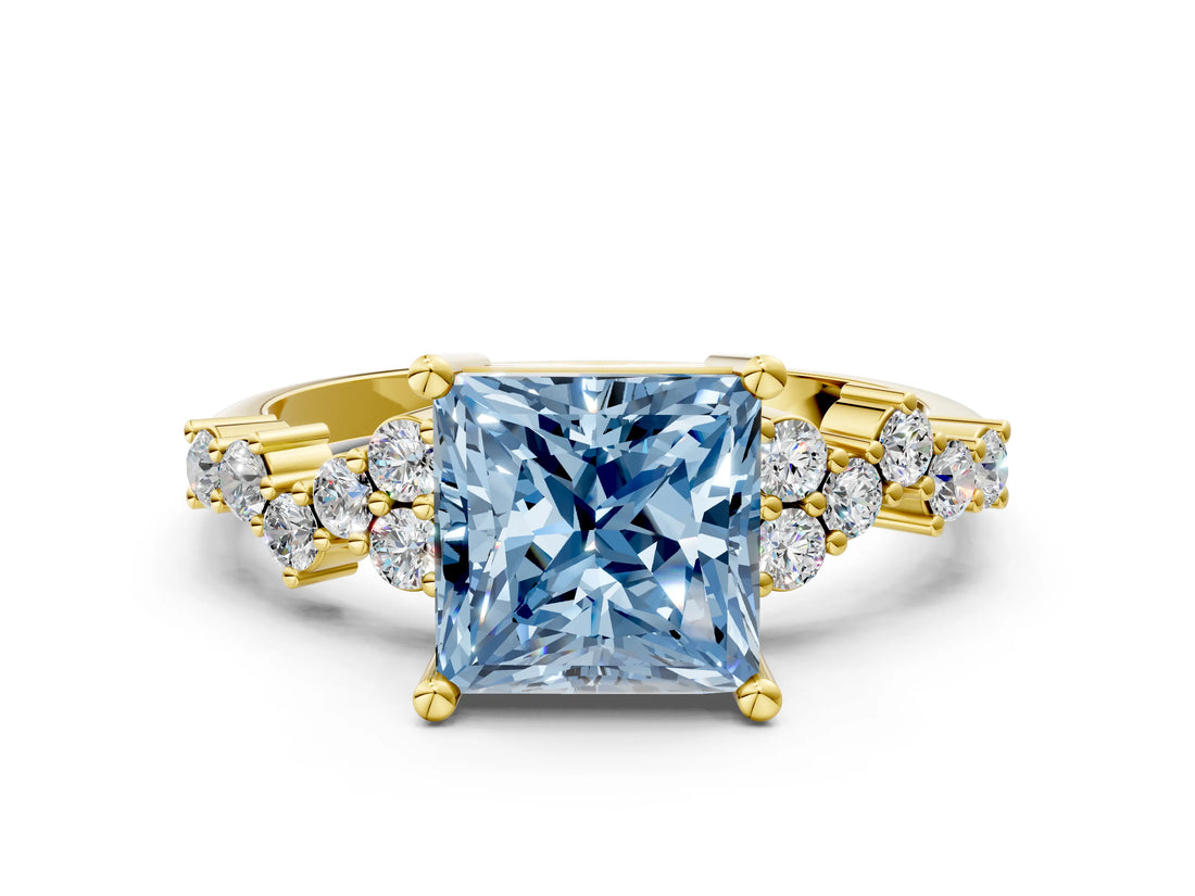 Yellow gold Fancy Blue Princess Cut Diamond Scattered Round Accent Ring with Prong Setting_12
