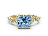 Yellow gold Fancy Blue Princess Cut Diamond Scattered Round Accent Ring with Prong Setting_12