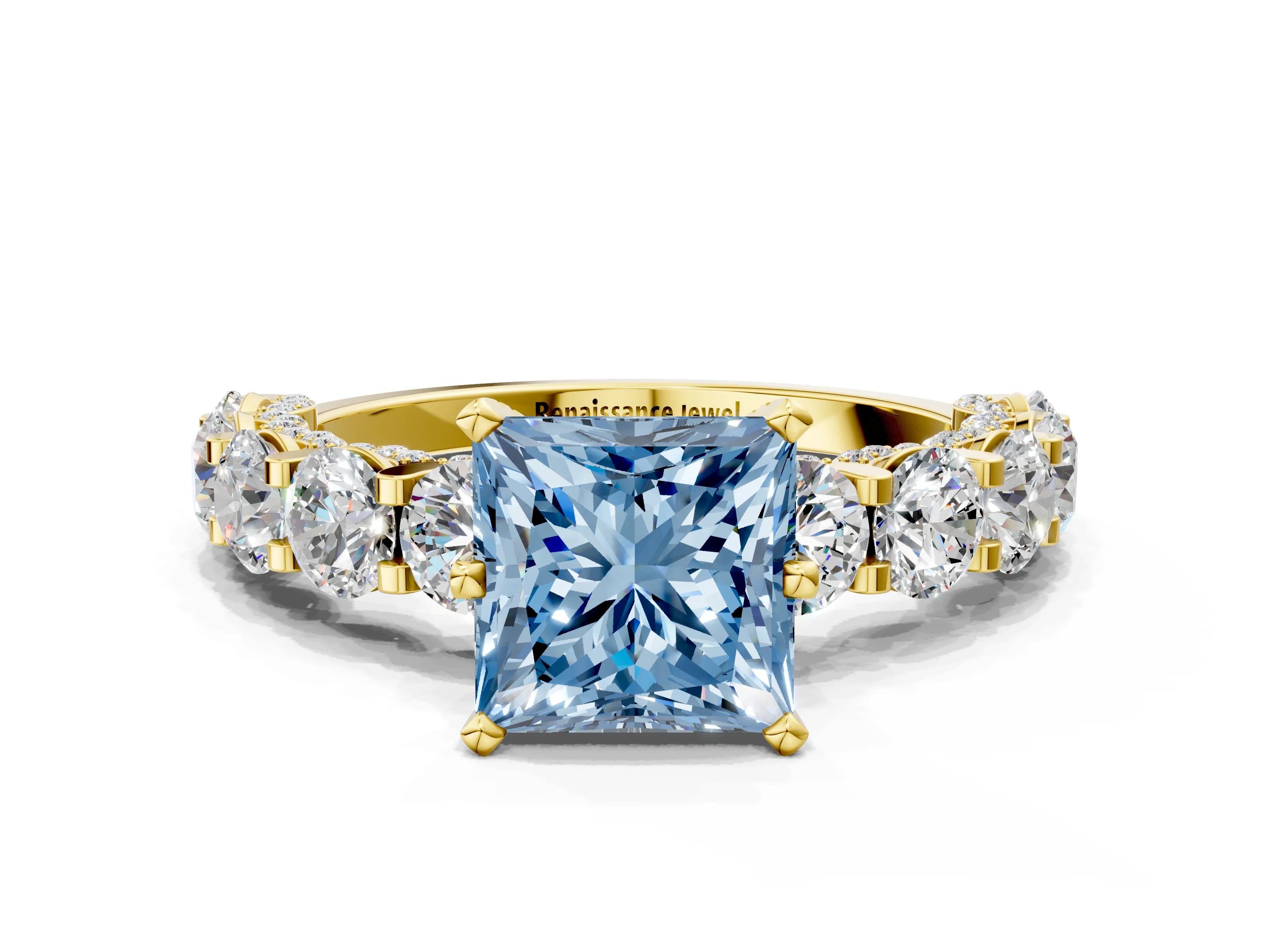 Yellow gold Fancy Blue Princess Cut Diamond Side Stone Engagement Ring with Four-Prong Setting_36
