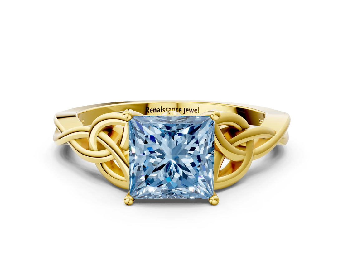 Yellow gold Fancy Blue Princess Cut Diamond Solitaire Celtic Knot Ring with Four-Prong Setting_57