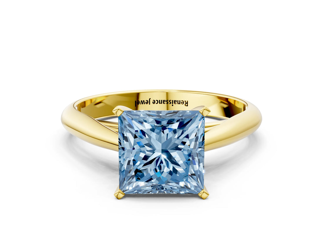 Yellow gold Fancy Blue Princess Cut Diamond Solitaire Engagement Ring with Cathedral Setting and Four-Prong Mount_123
