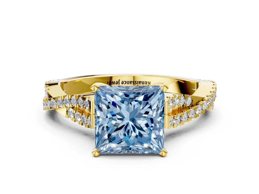 Yellow gold Fancy Blue Princess Cut Diamond Solitaire Engagement Ring with Twisted Pavé Band and Four-Prong Setting_32