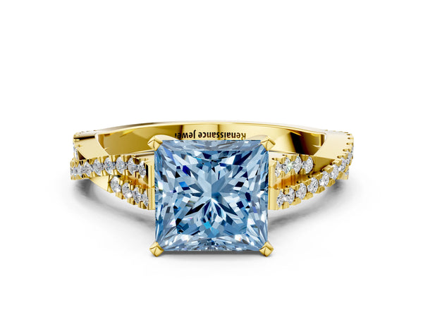 Yellow gold Fancy Blue Princess Cut Diamond Solitaire Engagement Ring with Twisted Pavé Band and Four-Prong Setting