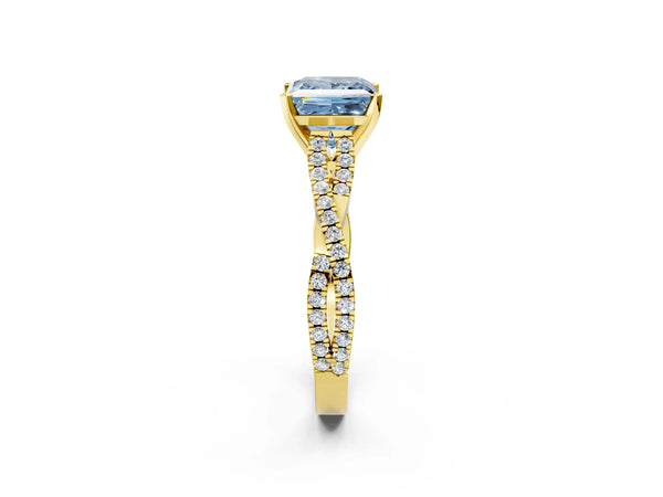 Yellow gold Fancy Blue Princess Cut Diamond Solitaire Engagement Ring with Twisted Pavé Band and Four-Prong Setting