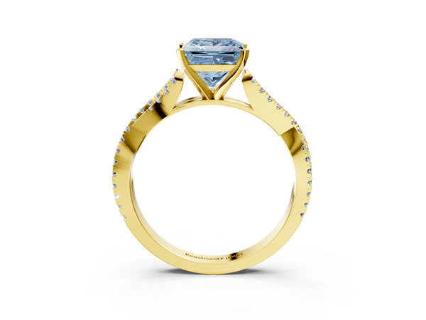 Yellow gold Fancy Blue Princess Cut Diamond Solitaire Engagement Ring with Twisted Pavé Band and Four-Prong Setting